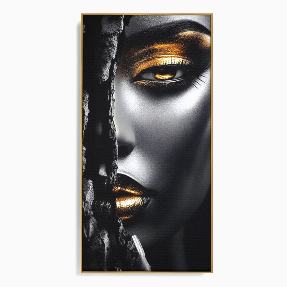 Tablou canvas cu tablou canvas cu o femeie, in rama de aluminiu auriu