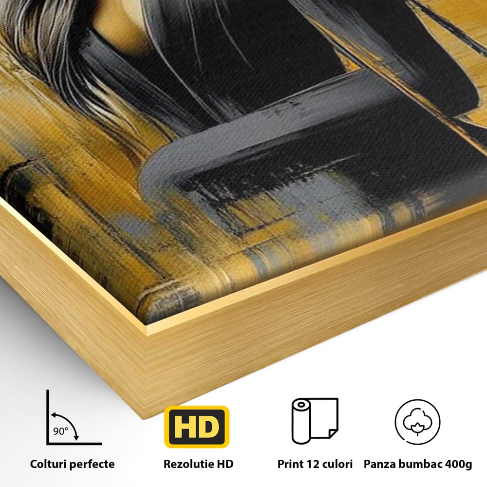 Detaliu al suprafetei: tablou canvas cu silueta feminina si palarie, in rama de aluminiu auriu