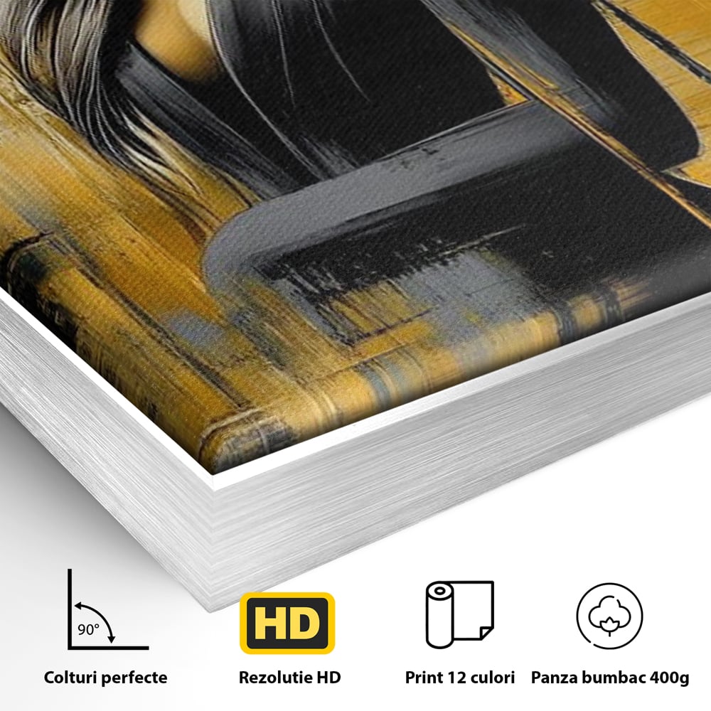 Detaliu al suprafetei: tablou canvas cu silueta feminina si palarie, in rama de aluminiu argintiu