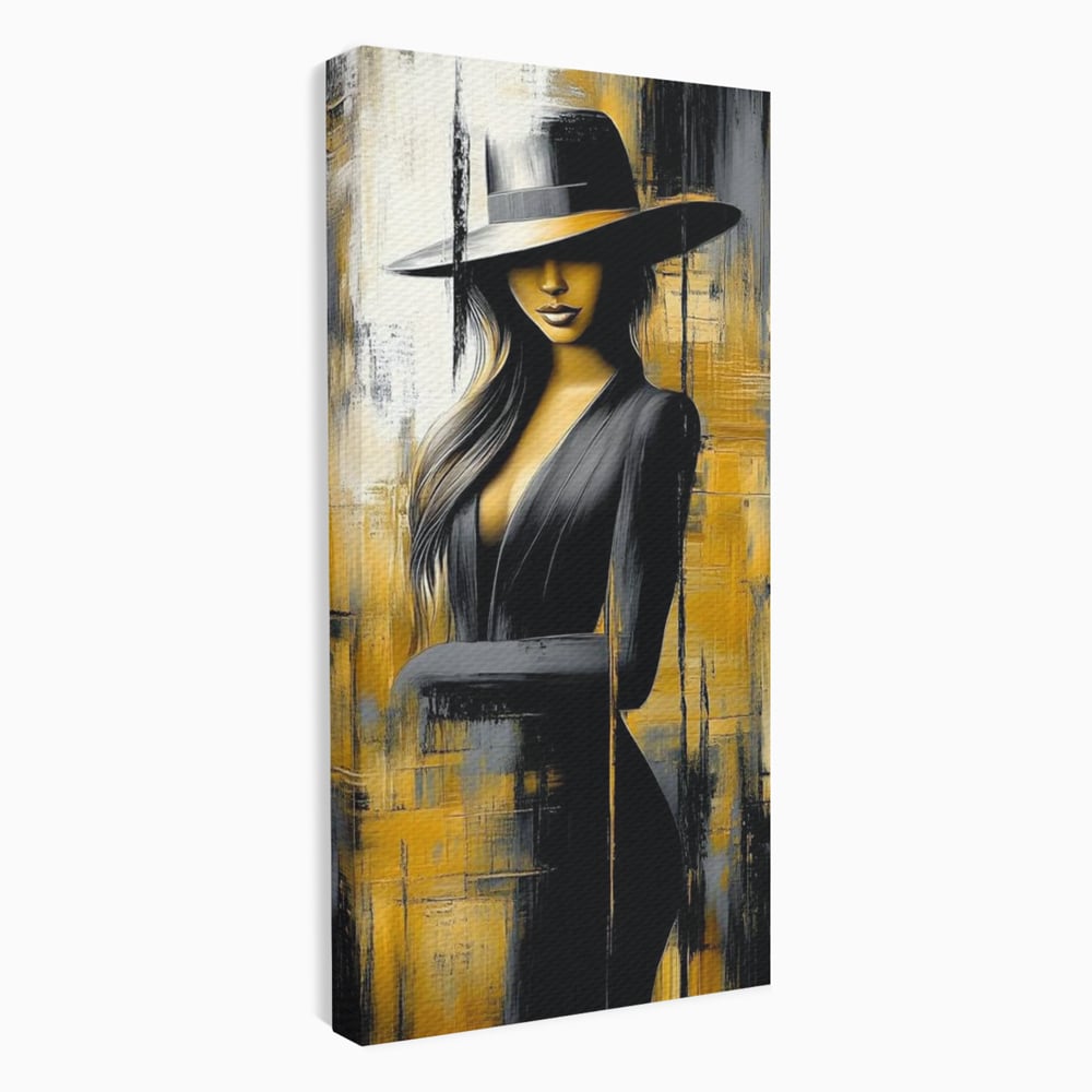 Tablou canvas cu tablou canvas cu silueta feminina si palarie, fara rama, pe sasiu de lemn