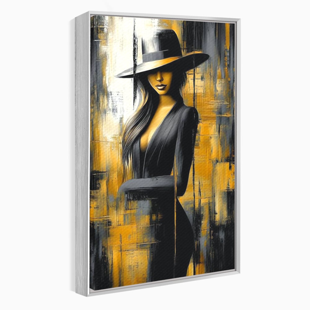 Tablou canvas cu tablou canvas cu silueta feminina si palarie, in rama de aluminiu argintiu