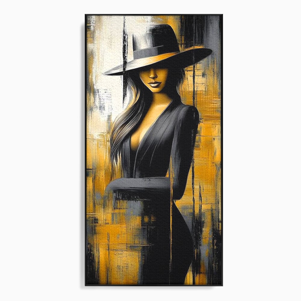 Tablou canvas cu tablou canvas cu silueta feminina si palarie, in rama de aluminiu negru