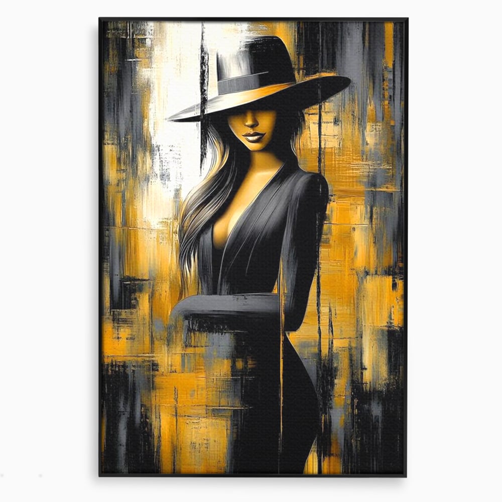 Tablou canvas cu tablou canvas cu silueta feminina si palarie, in rama de aluminiu negru