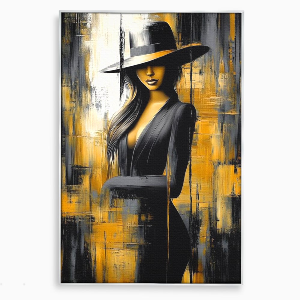 Tablou canvas cu tablou canvas cu silueta feminina si palarie, in rama de aluminiu argintiu
