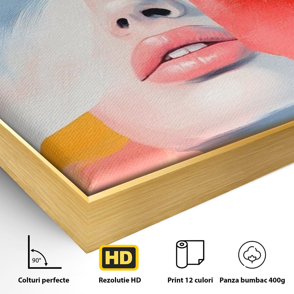 Detaliu al suprafetei: tablou canvas cu fata de femeie si flori pictate, in rama de aluminiu auriu