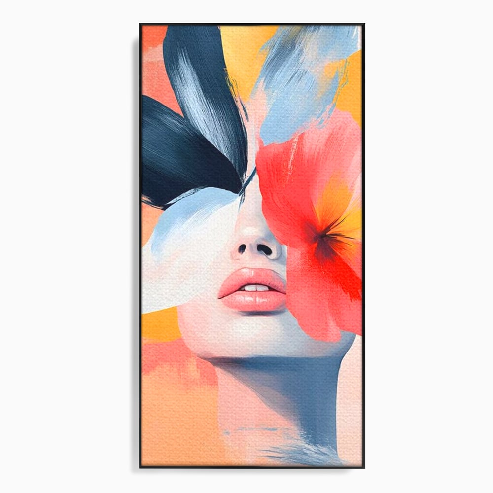 Tablou canvas cu tablou canvas cu fata de femeie si flori pictate, in rama de aluminiu negru