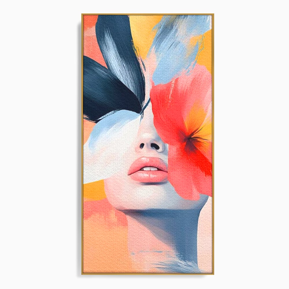 Tablou canvas cu tablou canvas cu fata de femeie si flori pictate, in rama de aluminiu auriu