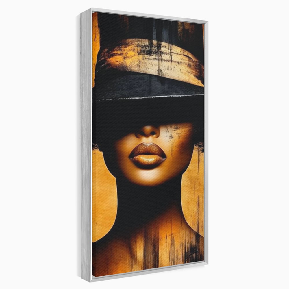 Tablou canvas cu tablou canvas cu buze si palarie, in rama de aluminiu argintiu