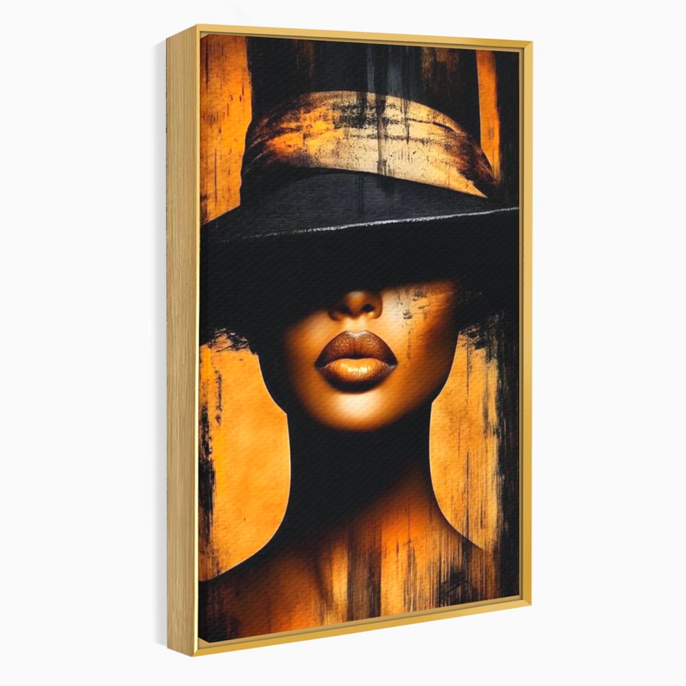 Tablou canvas cu tablou canvas cu buze si palarie, in rama de aluminiu auriu