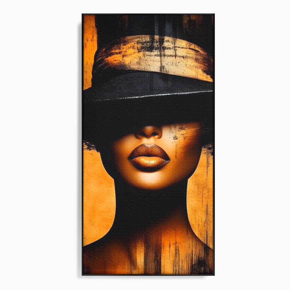 Tablou canvas cu tablou canvas cu buze si palarie, in rama de aluminiu negru