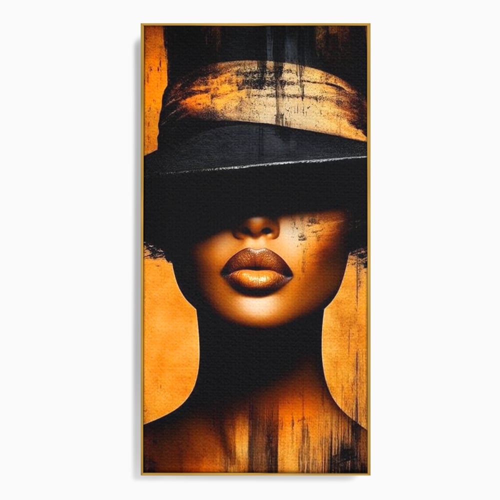 Tablou canvas cu tablou canvas cu buze si palarie, in rama de aluminiu auriu