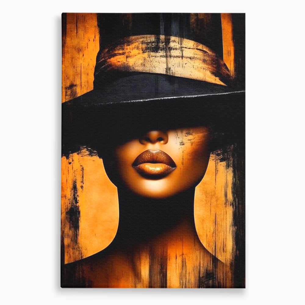 Tablou canvas cu tablou canvas cu buze si palarie, fara rama, pe sasiu de lemn