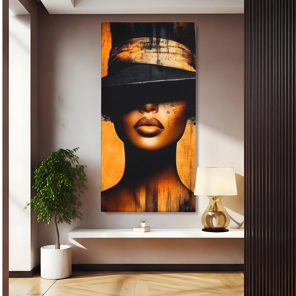 Tablou canvas cu tablou canvas cu buze si palarie, fara rama, pe sasiu de lemn