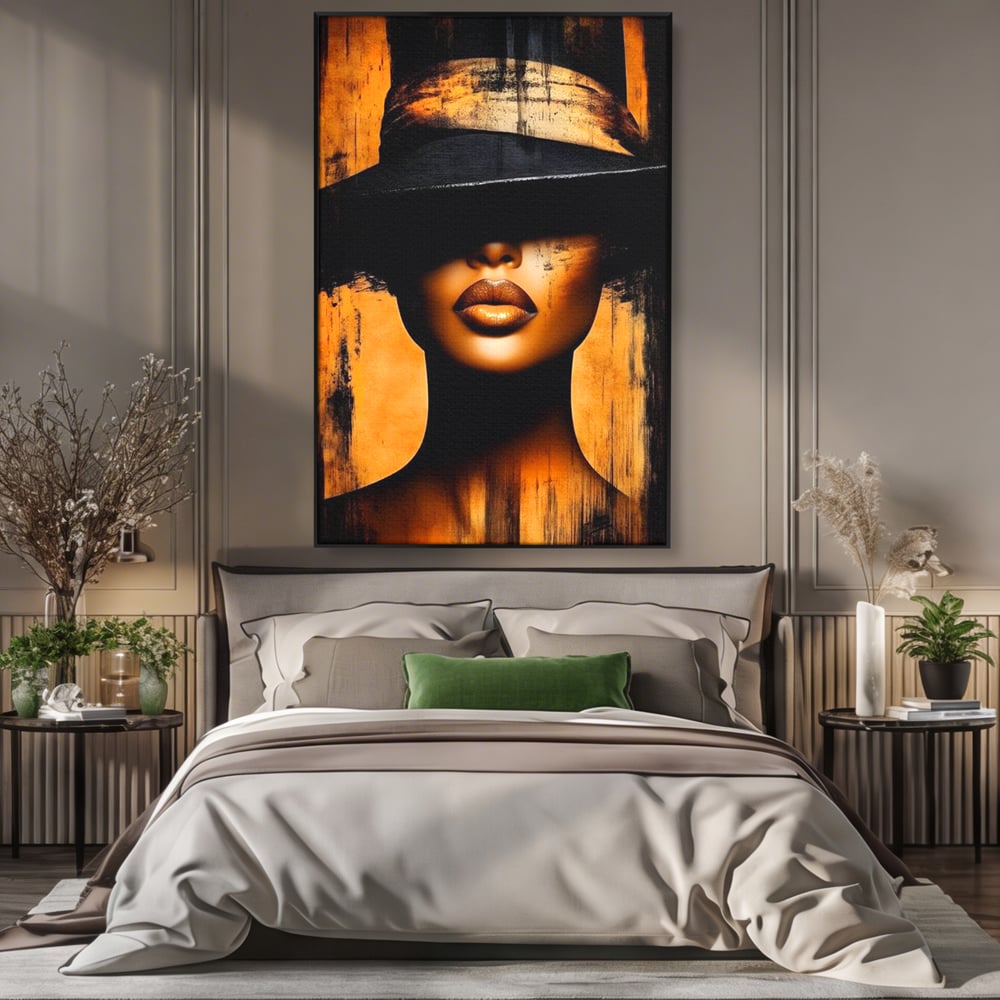 Tablou canvas cu tablou canvas cu buze si palarie, in rama de aluminiu negru, pe perete intr-un dormitor
