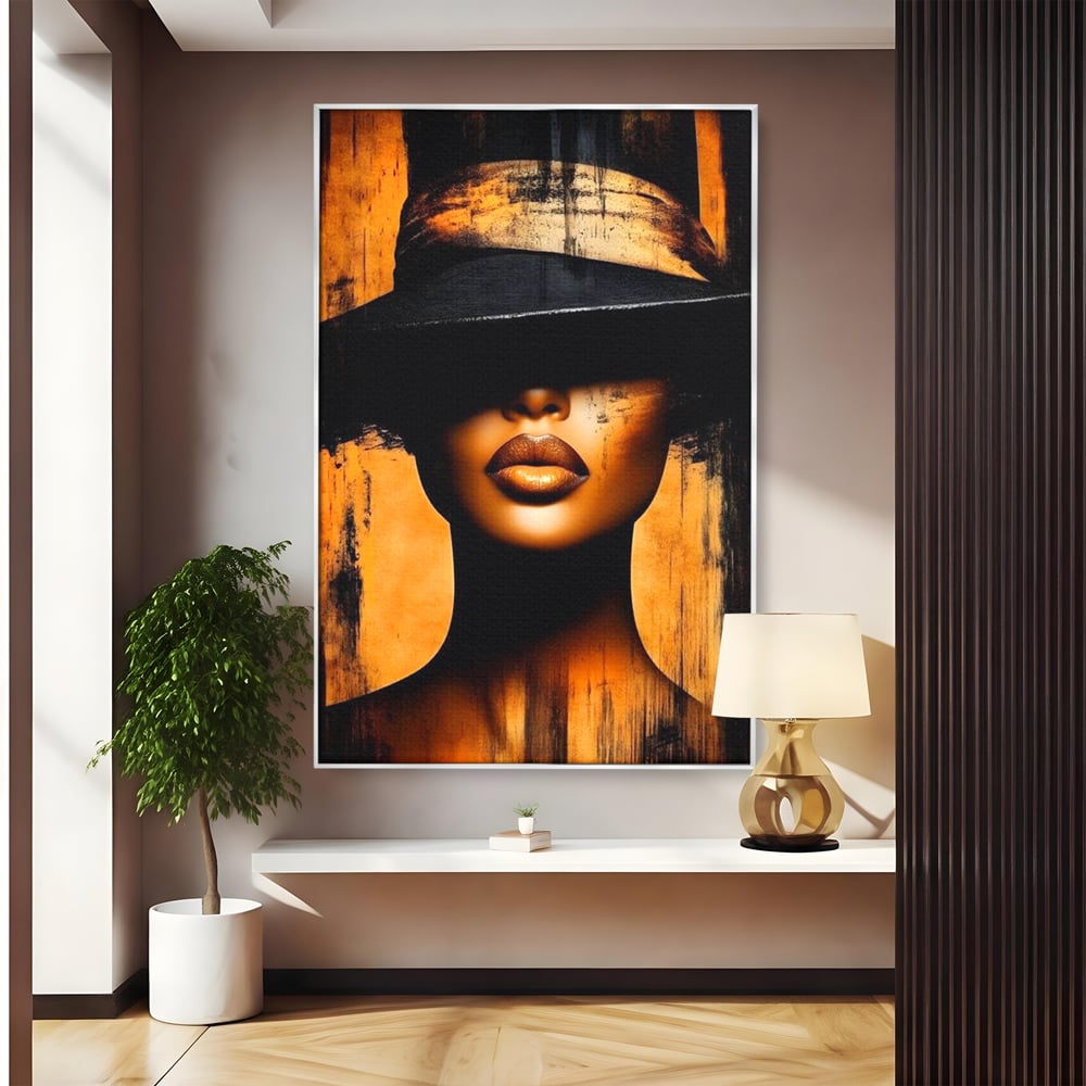 Tablou canvas cu tablou canvas cu buze si palarie, in rama de aluminiu argintiu
