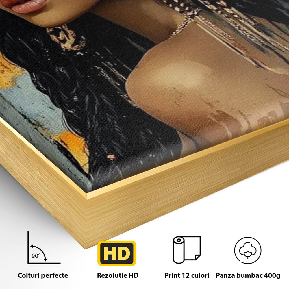 Detaliu al suprafetei: tablou canvas cu femeie si flori in par, in rama de aluminiu auriu