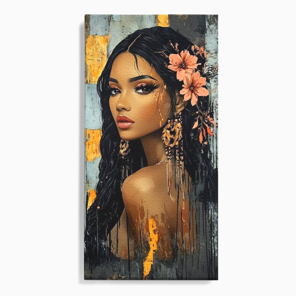 Tablou canvas cu tablou canvas cu femeie si flori in par, fara rama, pe sasiu de lemn