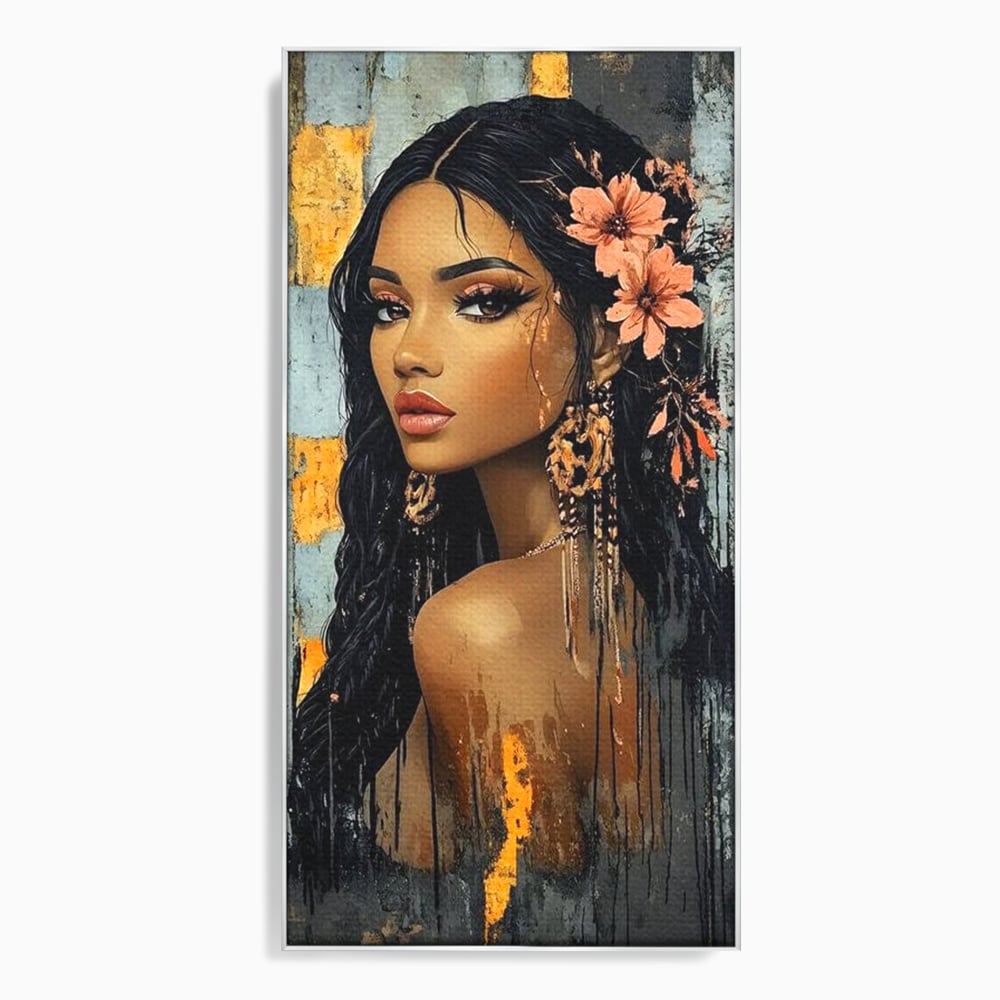 Tablou canvas cu tablou canvas cu femeie si flori in par, in rama de aluminiu argintiu