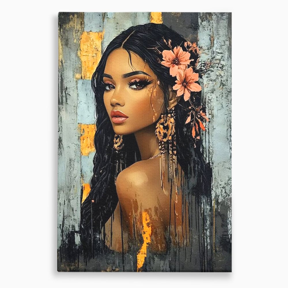 Tablou canvas cu tablou canvas cu femeie si flori in par, fara rama, pe sasiu de lemn