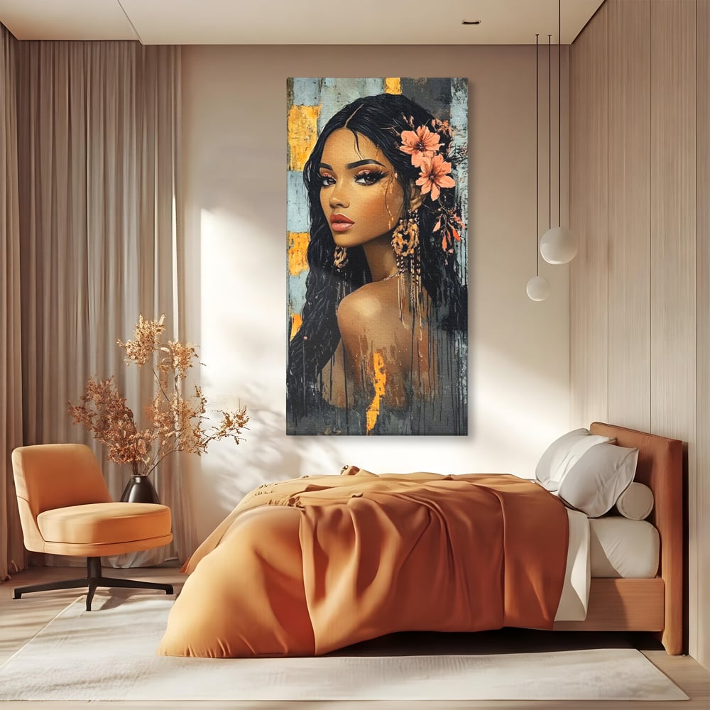 Tablou canvas cu tablou canvas cu femeie si flori in par, fara rama, pe sasiu de lemn, pe perete intr-un dormitor