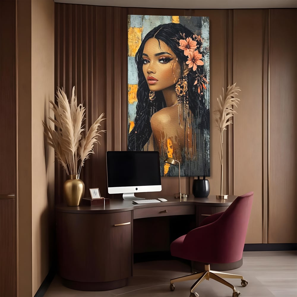 Tablou canvas cu tablou canvas cu femeie si flori in par, fara rama, pe sasiu de lemn, pe perete intr-un birou