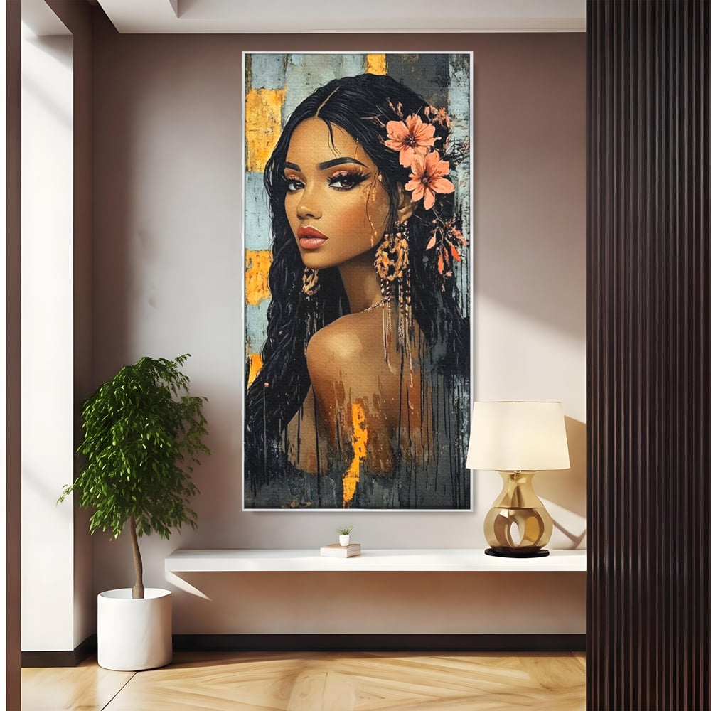 Tablou canvas cu tablou canvas cu femeie si flori in par, in rama de aluminiu argintiu