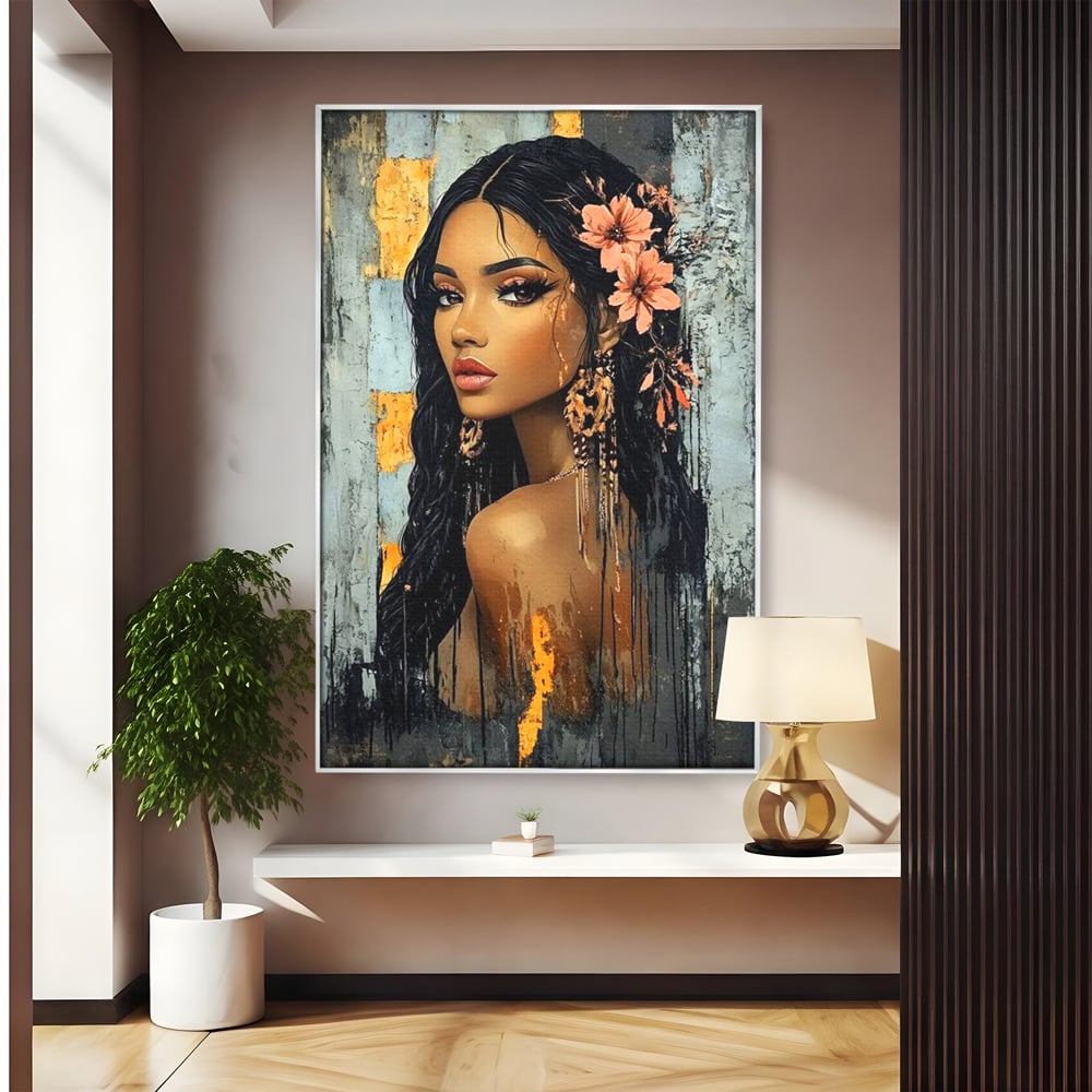 Tablou canvas cu tablou canvas cu femeie si flori in par, in rama de aluminiu argintiu