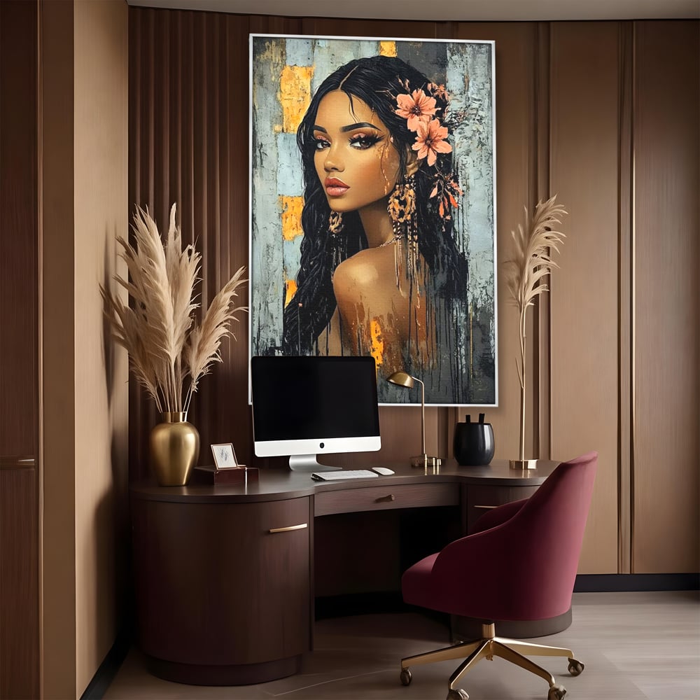 Tablou canvas cu tablou canvas cu femeie si flori in par, in rama de aluminiu argintiu, pe perete intr-un birou