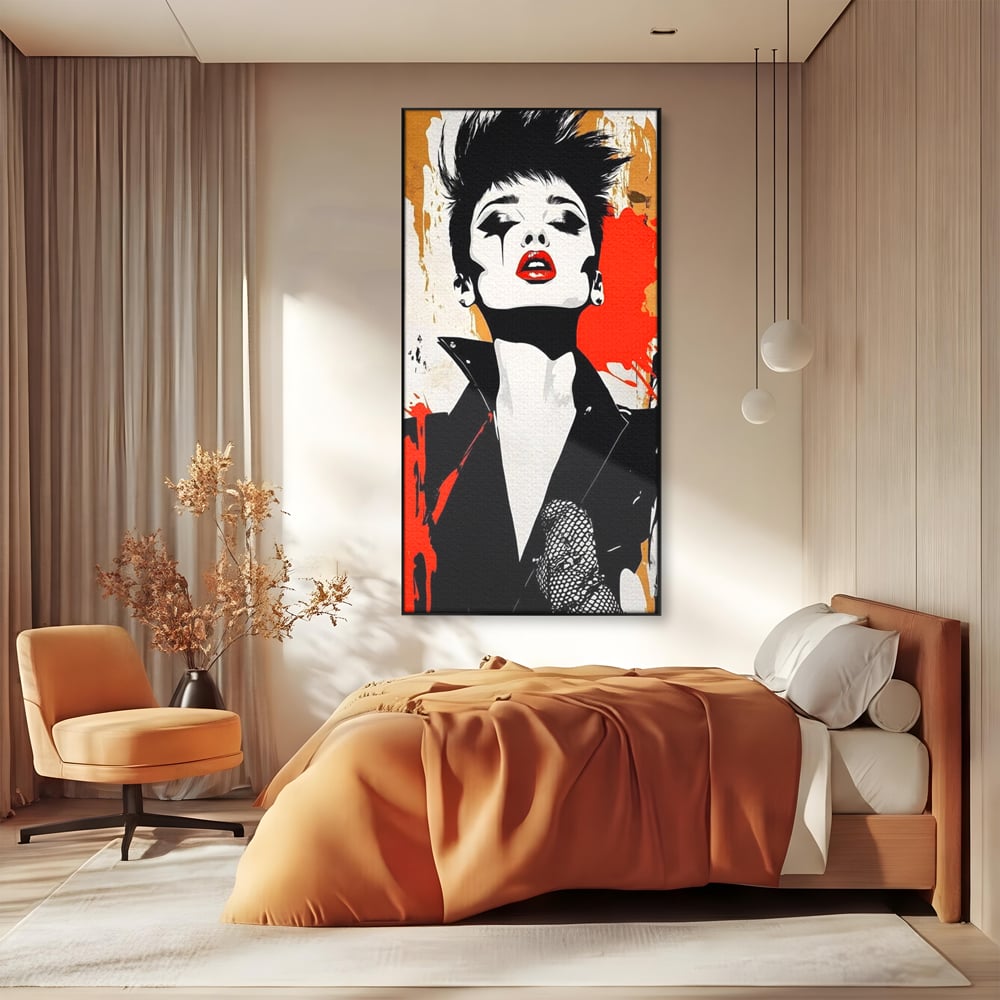 Tablou canvas cu tablou canvas cu femeie rebela, in rama de aluminiu negru, pe perete intr-un dormitor