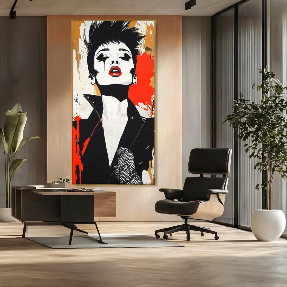 Tablou canvas cu tablou canvas cu femeie rebela, in rama de aluminiu auriu, pe perete intr-un birou