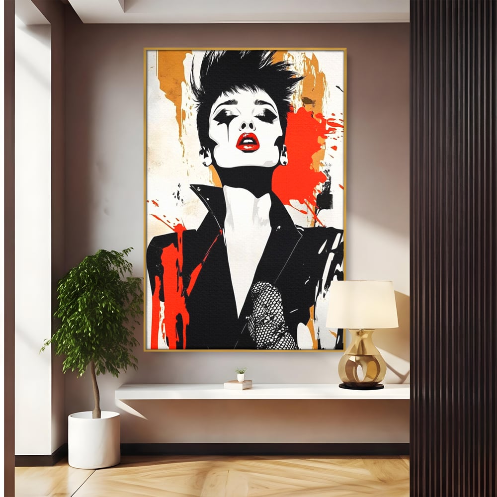 Tablou canvas cu tablou canvas cu femeie rebela, in rama de aluminiu auriu
