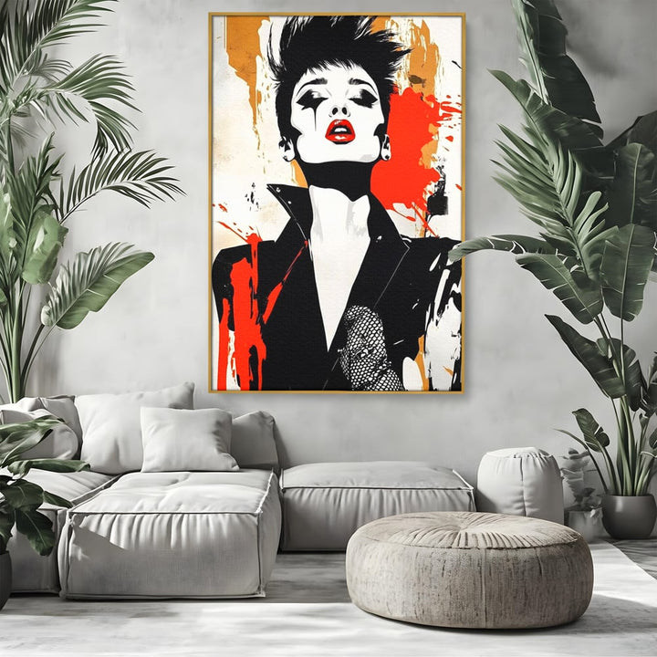Tablou canvas cu tablou canvas cu femeie rebela, in rama de aluminiu auriu, pe perete intr-un living