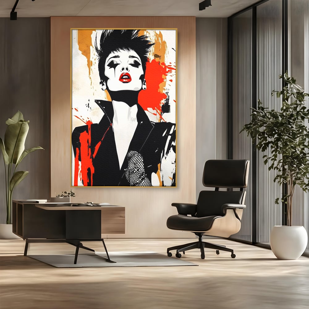 Tablou canvas cu tablou canvas cu femeie rebela, in rama de aluminiu auriu, pe perete intr-un birou