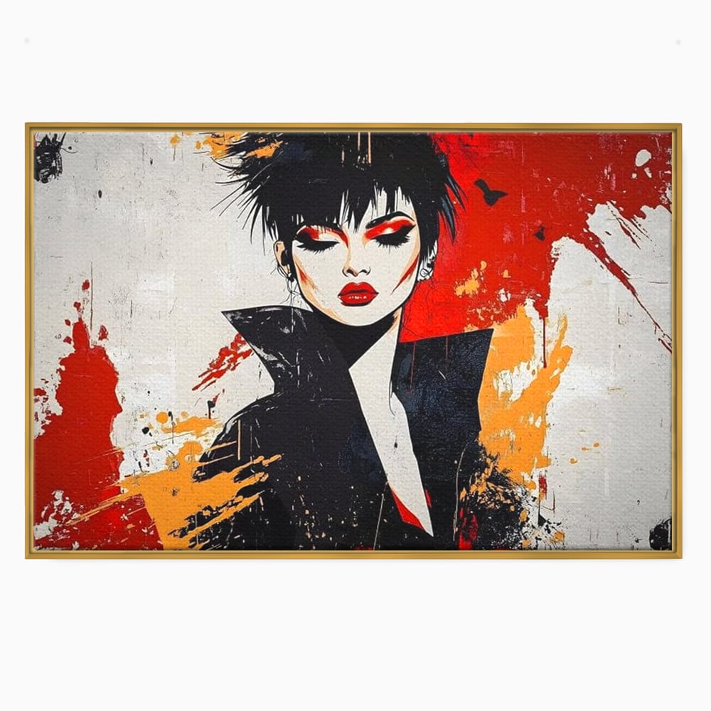 Tablou canvas cu ilustratie digitala cu portret de femeie in stil punk, in rama de aluminiu auriu