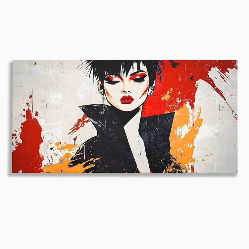 Tablou canvas cu ilustratie digitala cu portret de femeie in stil punk, fara rama, pe sasiu de lemn