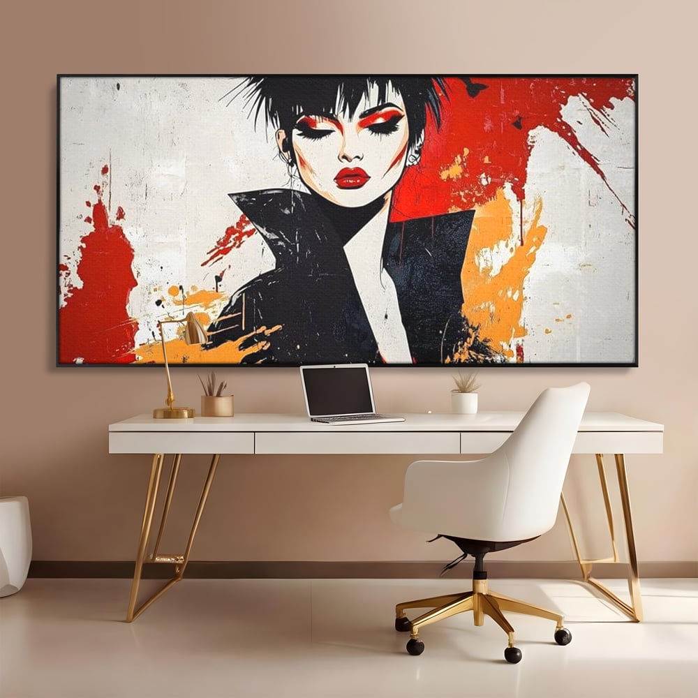 Tablou canvas cu ilustratie digitala cu portret de femeie in stil punk, in rama de aluminiu negru, pe perete intr-un birou