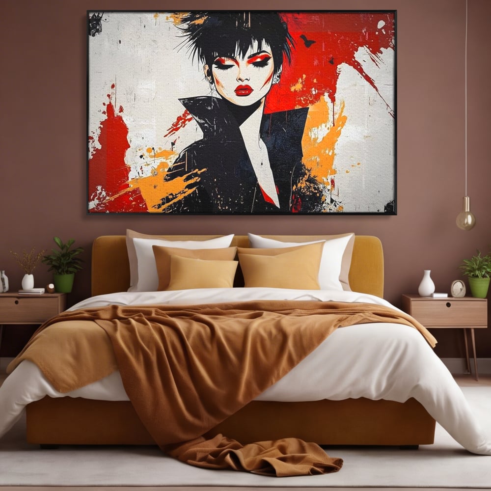 Tablou canvas cu ilustratie digitala cu portret de femeie in stil punk, in rama de aluminiu negru, pe perete intr-un dormitor