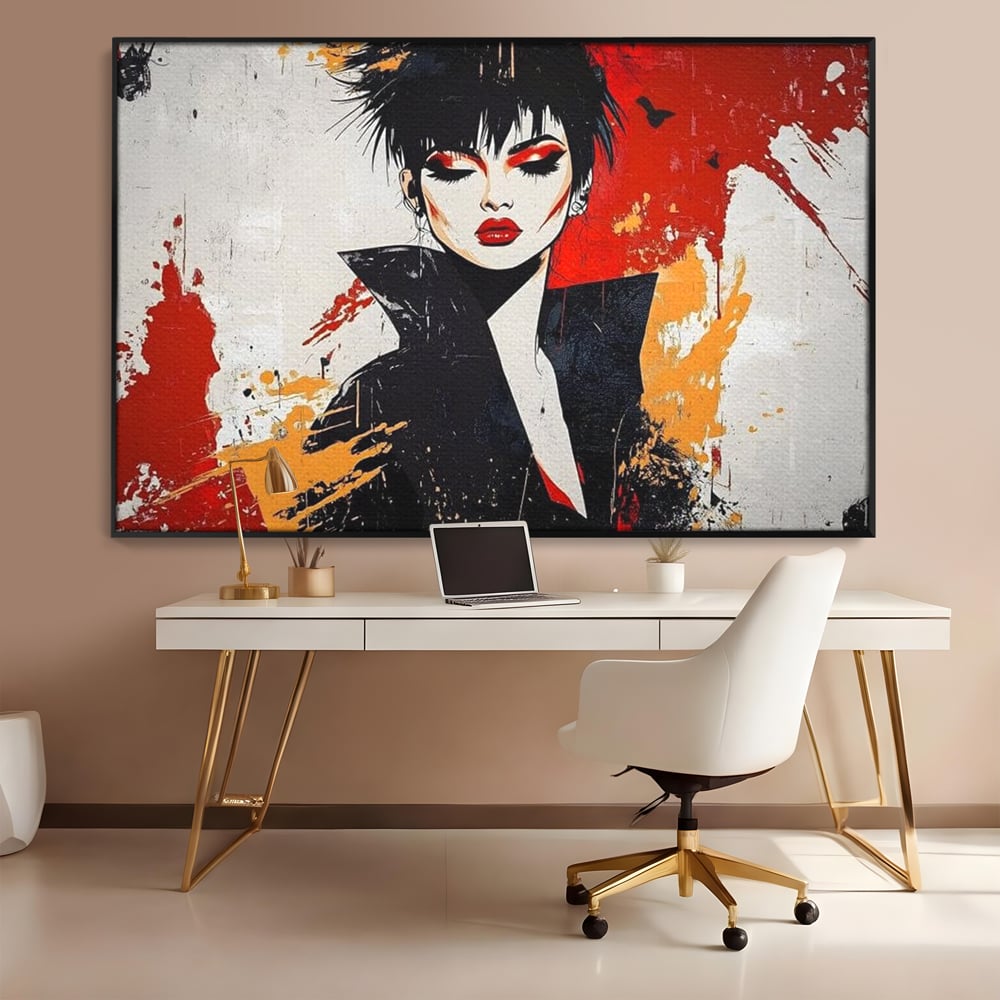 Tablou canvas cu ilustratie digitala cu portret de femeie in stil punk, in rama de aluminiu negru, pe perete intr-un birou