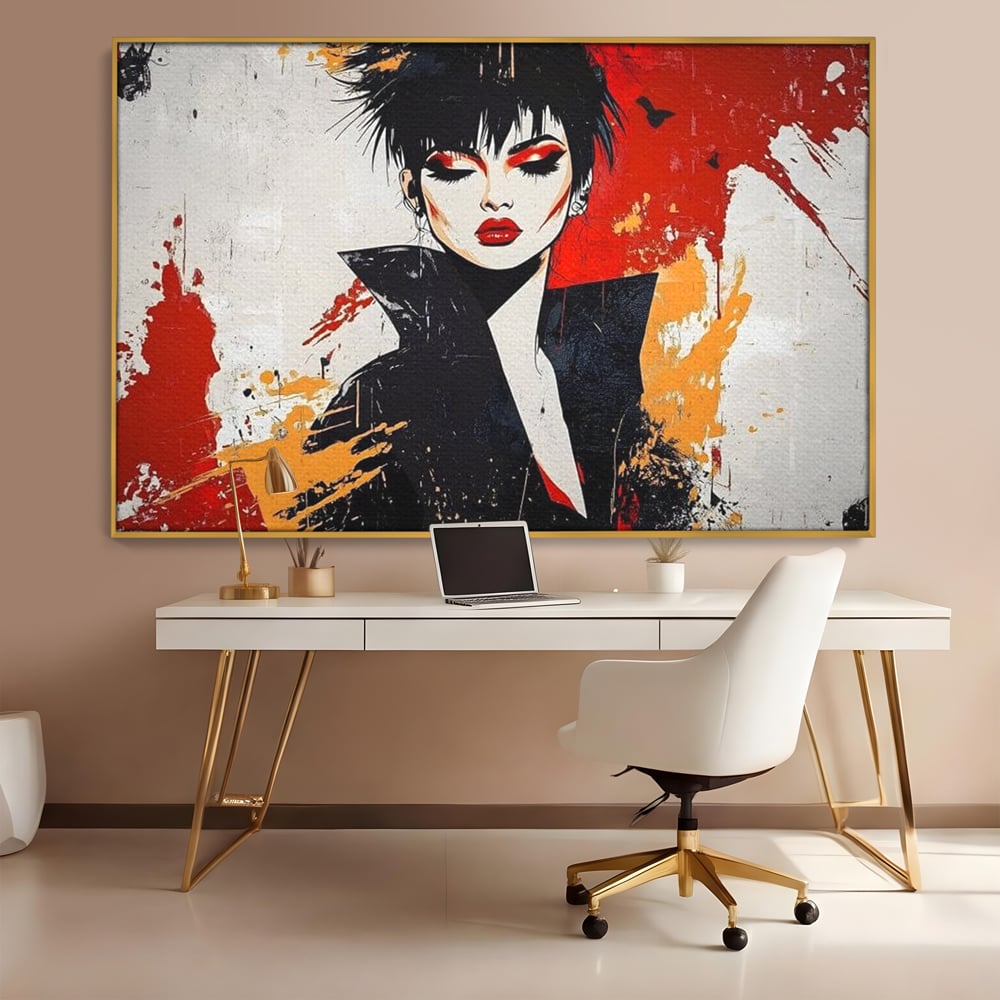 Tablou canvas cu ilustratie digitala cu portret de femeie in stil punk, in rama de aluminiu auriu, pe perete intr-un birou