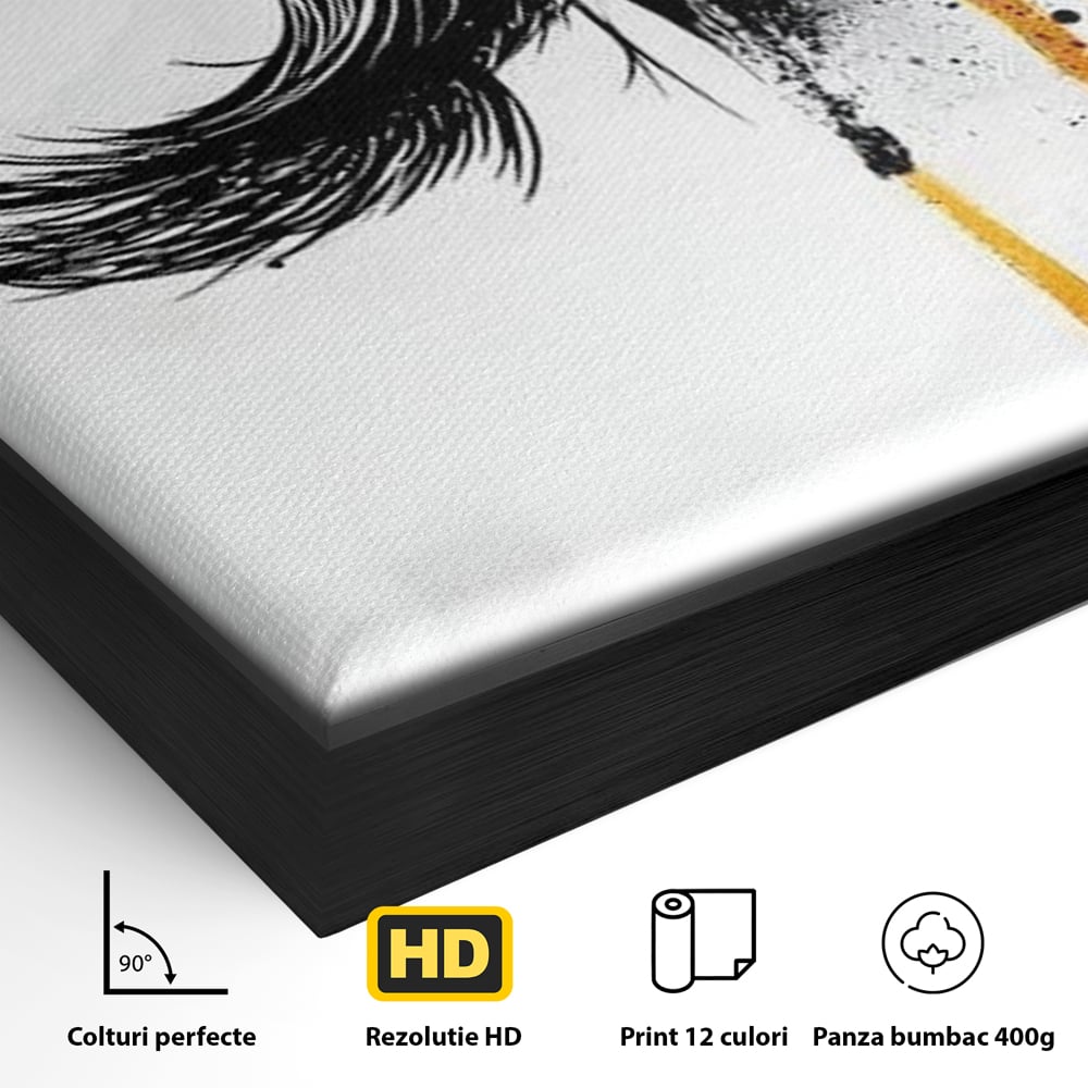 Detaliu al suprafetei: tablou canvas cu ochi stilizat, in rama de aluminiu negru