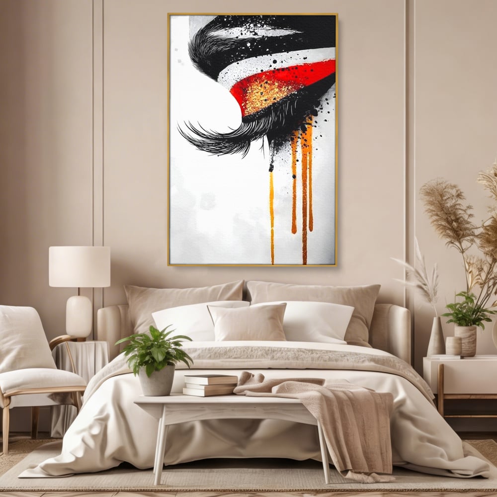 Tablou canvas cu tablou canvas cu ochi stilizat, in rama de aluminiu auriu, pe perete intr-un dormitor