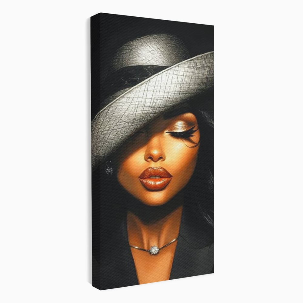 Tablou canvas cu tablou canvas cu femeie si palarie, fara rama, pe sasiu de lemn