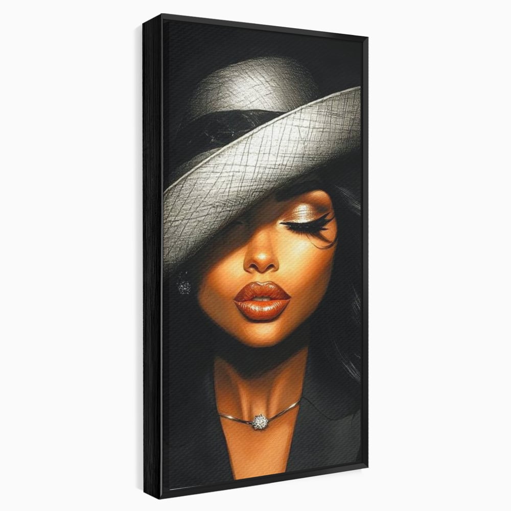 Tablou canvas cu tablou canvas cu femeie si palarie, in rama de aluminiu negru