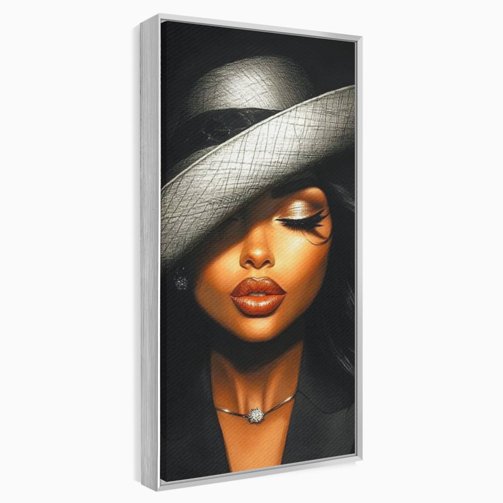 Tablou canvas cu tablou canvas cu femeie si palarie, in rama de aluminiu argintiu