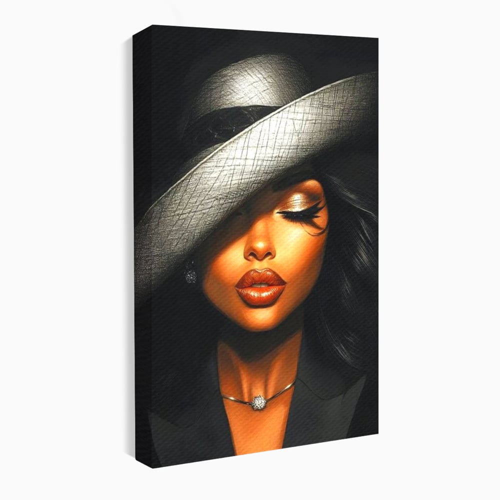 Tablou canvas cu tablou canvas cu femeie si palarie, fara rama, pe sasiu de lemn