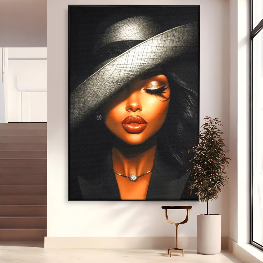 Tablou canvas cu tablou canvas cu femeie si palarie, in rama de aluminiu negru
