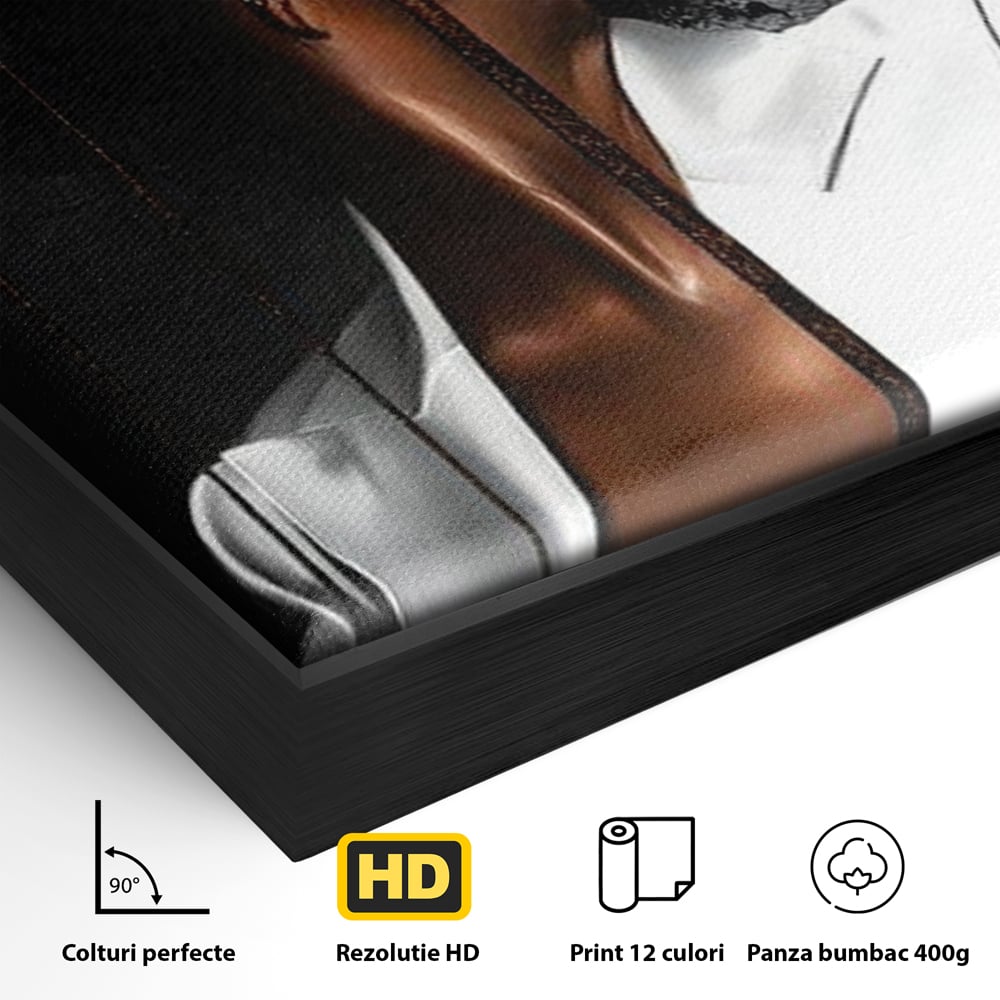 Detaliu al suprafetei: tablou canvas cu portret feminin stilizat, in rama de aluminiu negru
