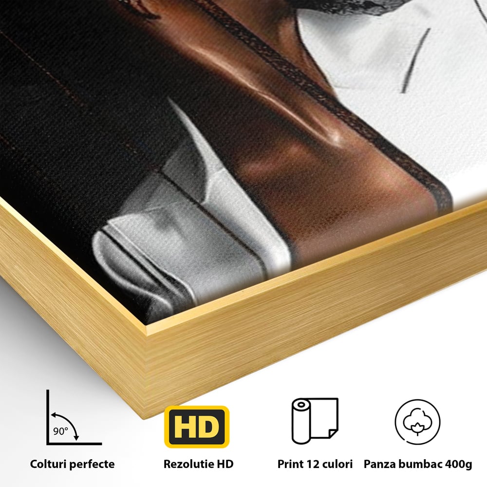 Detaliu al suprafetei: tablou canvas cu portret feminin stilizat, in rama de aluminiu auriu