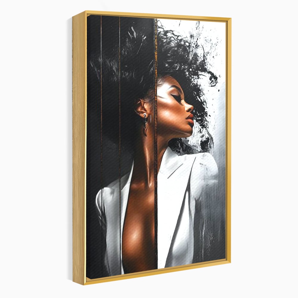 Tablou canvas cu tablou canvas cu portret feminin stilizat, in rama de aluminiu auriu