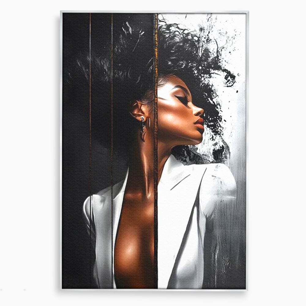 Tablou canvas cu tablou canvas cu portret feminin stilizat, in rama de aluminiu argintiu